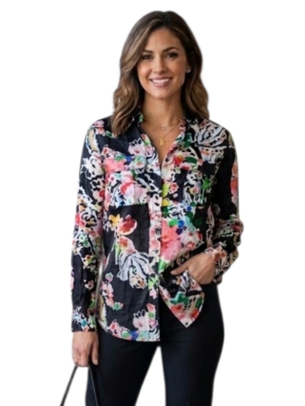 Ralph Lauren Black Floral Multicolor Button-Down Silk Blend Shirt Small